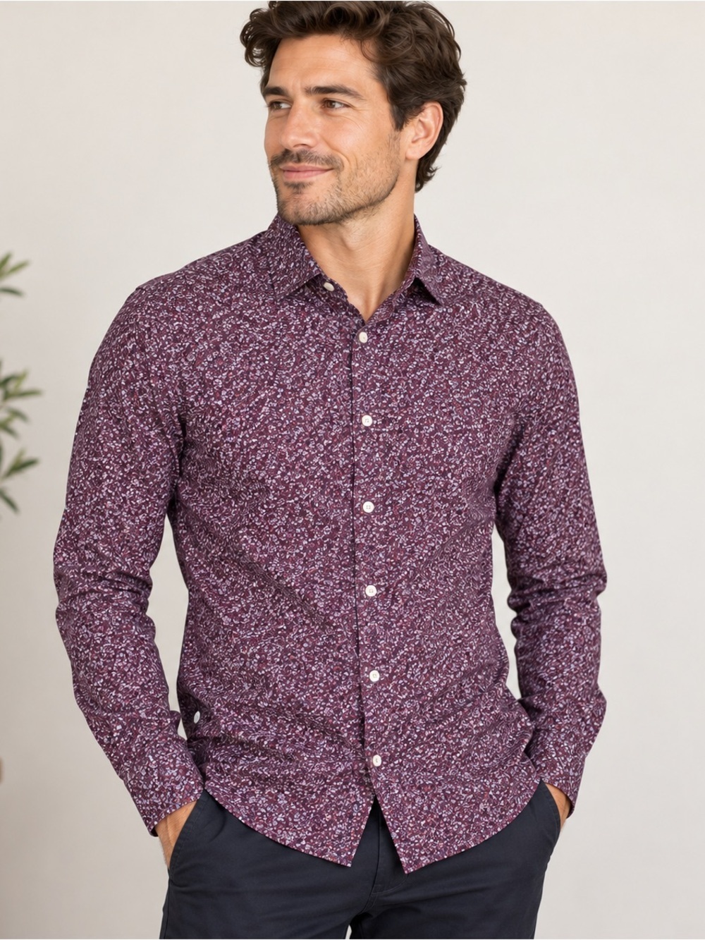 John Lennon Button Down Shirt Mens Small Purple Floral Long Sleeve Stretch EUC